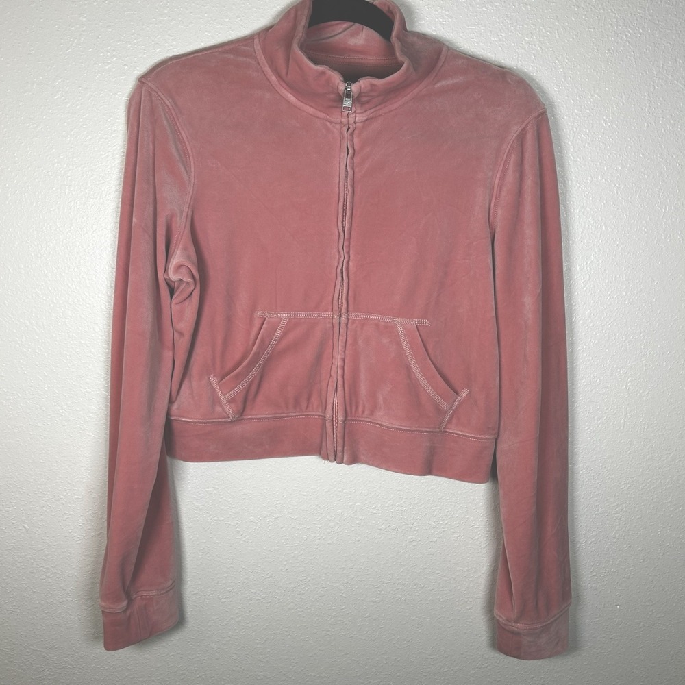 Hollister Pink Velour Full Zip-Up Cropped Jacket Polyester Women's Medium Pocket